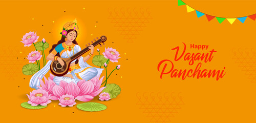 Obraz premium vector illustration of Goddess Saraswati for Vasant Panchami Puja of India
