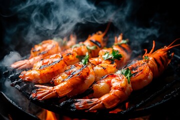 Grilled shrimp sizzle over an open flame at a summer cookout under a starlit sky