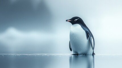 Obraz premium Antarctic penguin standing on ice, foggy background, wildlife documentary (1)