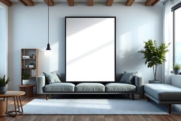 Fototapeta premium Blueprint project draft, frame mockup, wooden nordic living room with parquet and arched walls, sofa, carpet, lamp, rattan table, potted plants. Modern scandinavian interior design, 3d illustration