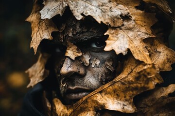 A face partially covered by leaves representing harmony between nature and humanity.