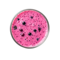 A berry smoothie in a clear glass with visible seeds, floating on a pure white background.