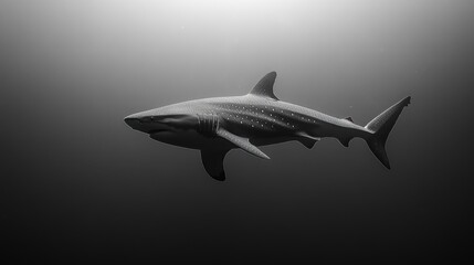 Fototapeta premium Oceanic shark swimming, dark underwater background, monochrome, wildlife documentary