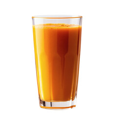 A bright orange carrot smoothie in a modern glass, floating on a clean white background.