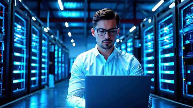 IT Professional Managing Servers in a Futuristic Data Center