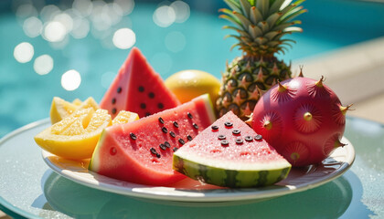 Colorful fruit platter with watermelon, pineapple, and lemon by the poolside under sunlight