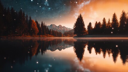 Serene Mountainous Landscape Reflected in Tranquil Lake under Starry Night Sky with Glowing Aurora