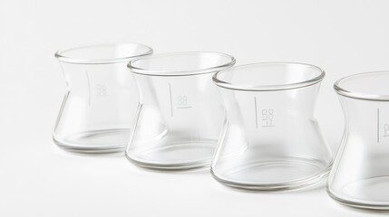 Four glass pour-over coffee cups, studio shot, minimalist background, brewing