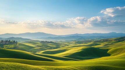 Obraz premium Nature background with rolling green hills under a bright blue sky