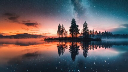 Obraz premium Enchanting Lake Reflection Under Starry Skies at Dawn or Dusk in Forested Wilderness