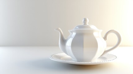White teapot, saucer, minimalist studio, calm background, tea time