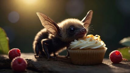 Obraz premium A whimsical creature resembling a bat enjoys a cupcake surrounded by raspberries.