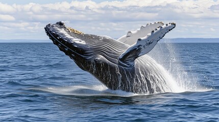 Fototapeta premium Majestic Humpback Whale Breaching the Ocean Surface with Dramatic Splash