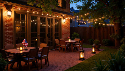 Fototapeta premium Cozy patio with patriotic decorations and warm lighting for Independence Day, copy space