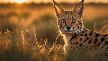 Fototapeta premium A serene serval cat gazes into the distance amidst golden grass at sunset.