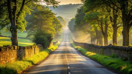 Obraz premium Serene Sunrise Road, Sunlight Illuminating a Picturesque Country Lane Lined with Lush Greenery and Stone Walls