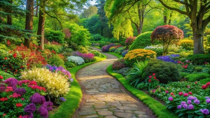 Lush greenery surrounded by vibrant flowers and trees lining a winding stone path in a serene park garden, garden design, beautiful gardens