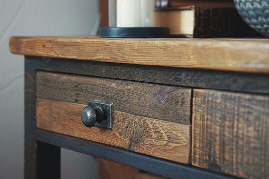Close up of a wooden drawer with a metal knob, highlighting the craftsmanship and rustic design of the furniture