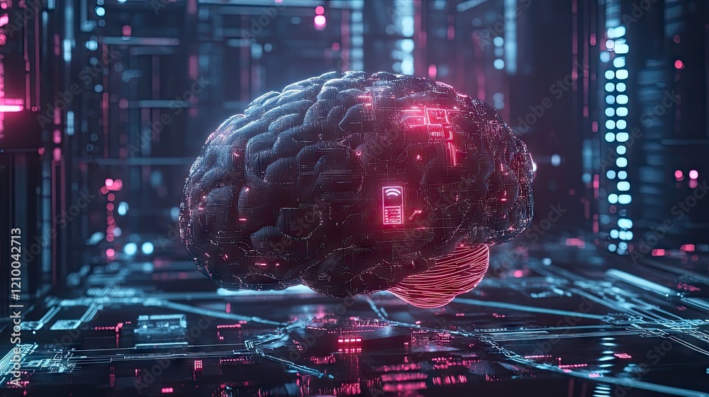 Poster digital brain in a futuristic design with neural pathways and ai icons, highlighting tech innovation