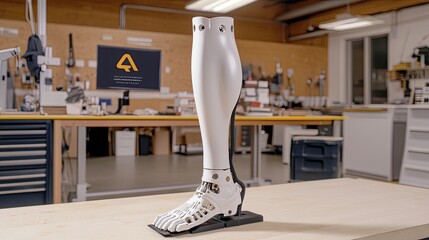 Detailed examination of a prosthetic leg on a workshop table, highlighting the intricate design and technology involved in its creation