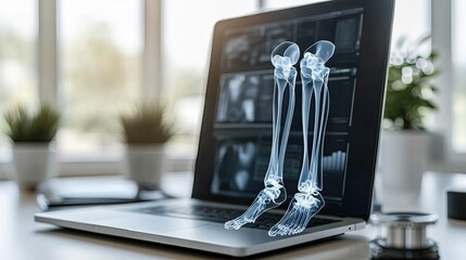 Detailed examination of a prosthetic leg on a workshop table, highlighting the intricate design and technology involved in its creation