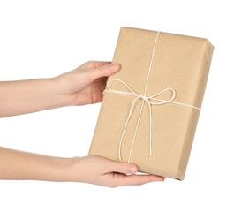 Woman with parcel box on white background, closeup
