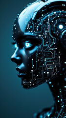 Futuristic humanoid robot with intricate circuitry and glowing eyes.