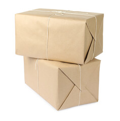Parcel boxes wrapped in paper isolated on white