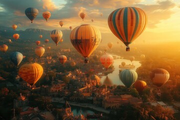 Naklejka premium Sunrise Hot Air Balloons Festival Over City River