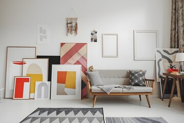 Modern art mockup room with blank walls, white floor, stylish sofa.