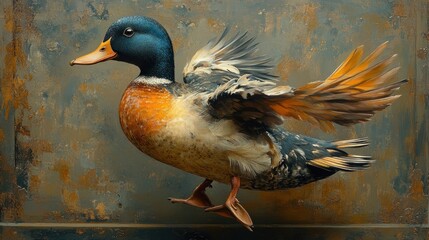 Mallard duck landing, wings spread, rustic background, wildlife art