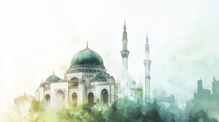 Obraz premium Serene Watercolor Painting of a Majestic Mosque in a Cityscape