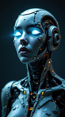 Futuristic AI robotic humanoid with glowing eyes and intricate cybernetic design.