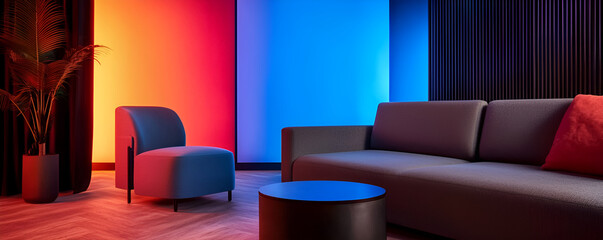 Future consumer concept. Contemporary living room with vibrant blue and red lighting accents.