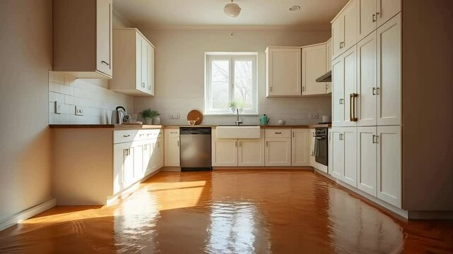 Flooded kitchen interior, white cabinetry, and countertops visible, daylight streaming through a window