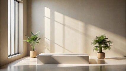 Fototapeta premium Sunlit Minimalist Interior with Elevated Display Platform and Potted Plants