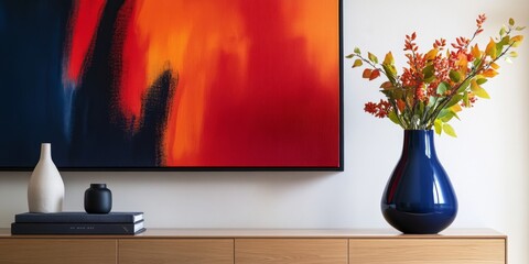 A vibrant abstract painting adorns the wall. A stylish flower arrangement brightens the room. Modern decor elements complement the vivid colors. Perfect for home design inspiration. AI