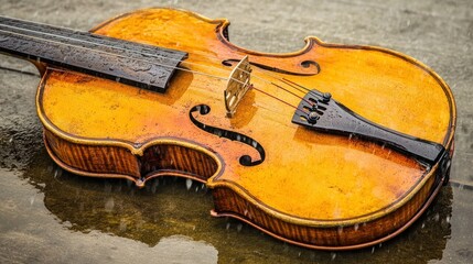 Obraz premium Rain-soaked violin rests on wet pavement, city background, musical mood
