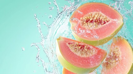 Guava with dynamic water splashes on a gradient turquoise background, representing hydration and freshness.