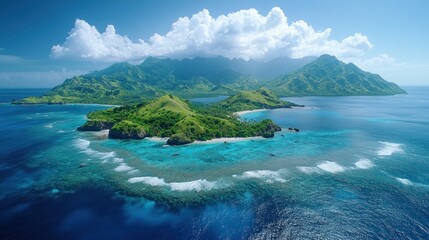 A breathtaking aerial view of a tropical island with lush green hills and clear turquoise waters