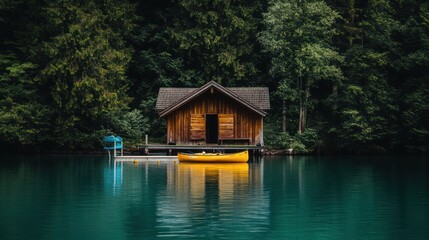 Obraz premium Serene Lakeside Cabin Retreat: A tranquil escape nestled amongst lush greenery, with a yellow canoe gently resting on the still, teal waters, reflecting the peaceful atmosphere.
