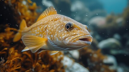 Obraz premium Close-up View of a Golden Brown Fish in its Underwater Habitat with Water Bubbles