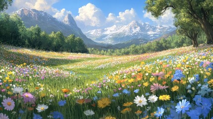 Obraz premium Peaceful springtime meadow with wildflowers swaying in the breeze