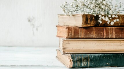 Obraz premium Vintage Books with Floral on Wooden Table