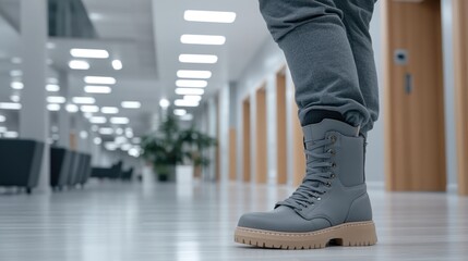 A skilled professional fits a prosthetic leg with a shoe, highlighting precision and attention to detail in a controlled environment