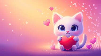 Fototapeta premium Playful cartoon cat holding a heart on a gradient background of pink and purple with Valentine-themed elements.