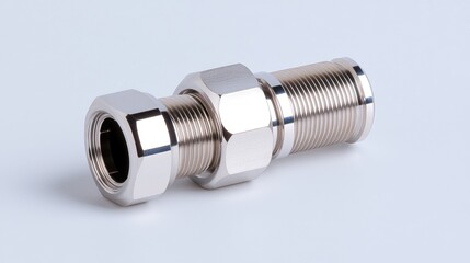 Chrome metal fitting, industrial part, studio shot, white background, engineering component