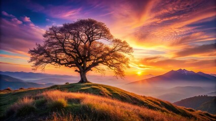 Fototapeta premium Serene Sunset Landscape Featuring a Majestic Lone Tree on a Hilltop, Overlooking a Breathtaking Mountain Range Bathed in Golden Hues