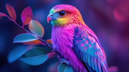 Rainbow bird perched, vibrant foliage, dark background, fantasy art