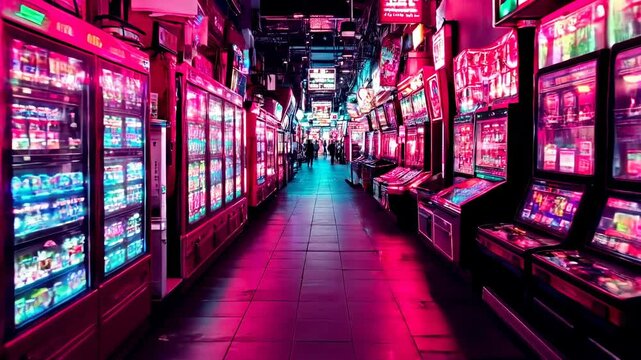 Neon lit Arcade Alleyway with Rows of Slot Machines and Vending Machines at Night
